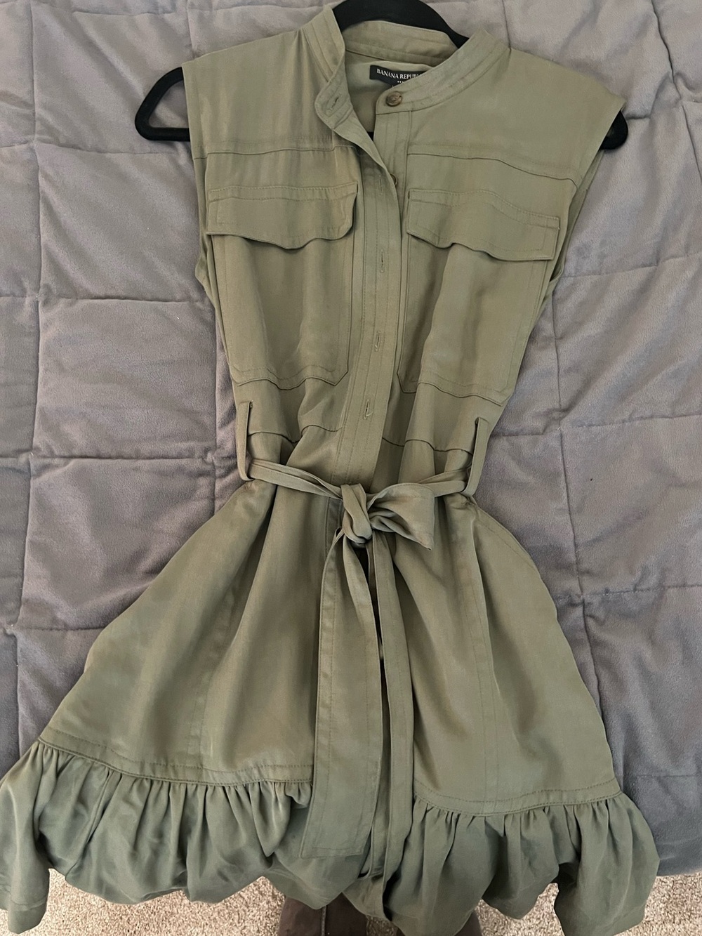Button-Front Sleeveless Tie-Waist Ruffle Hem Dress - Olive Green